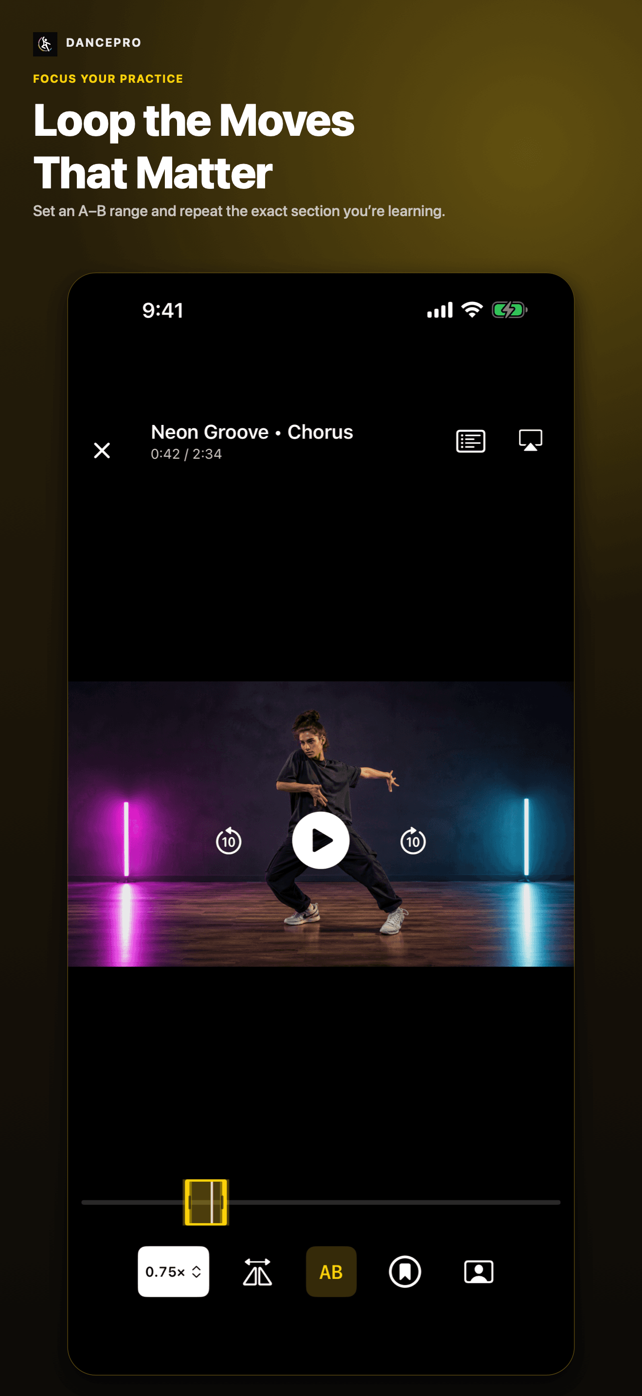 DancePro App Store screenshot: Loop the moves that matter