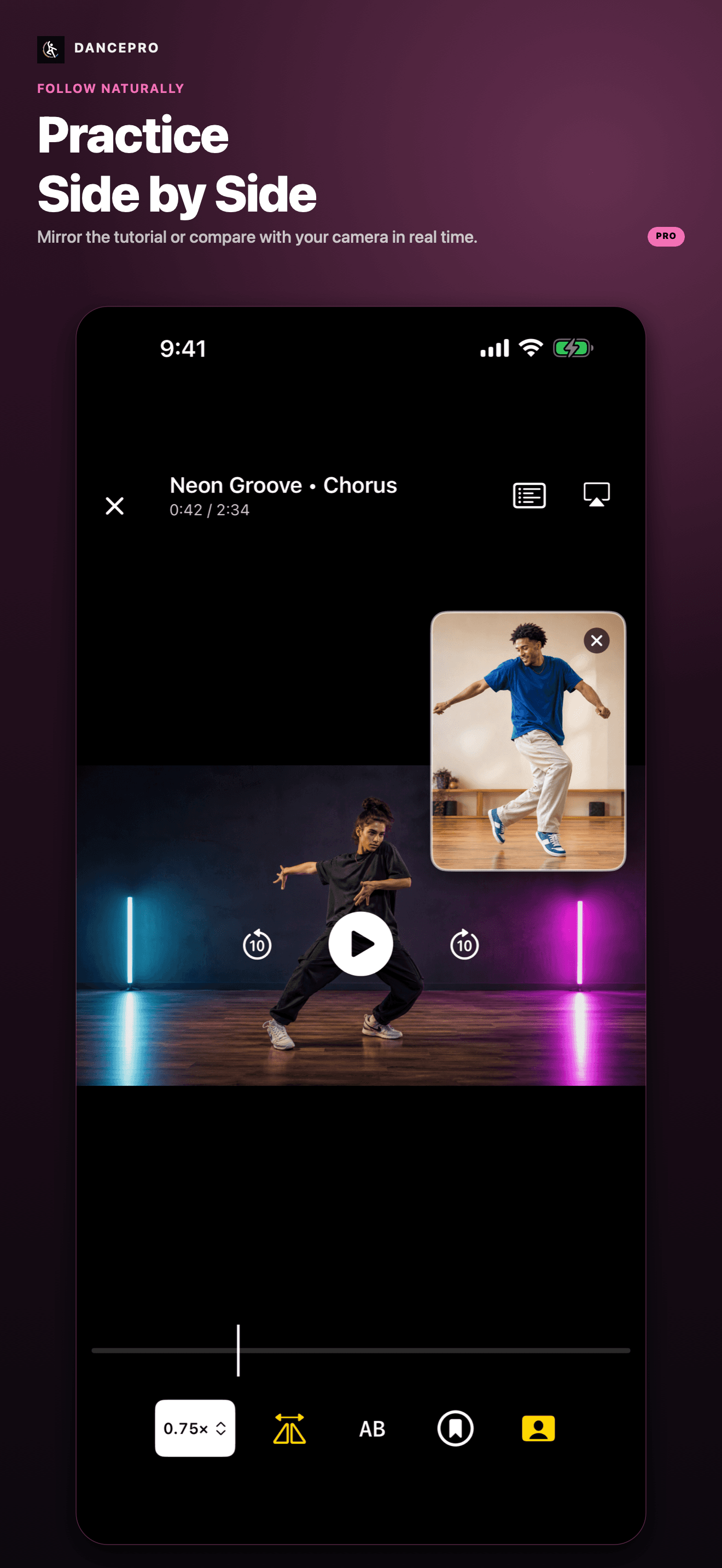 DancePro App Store screenshot: Practice side by side