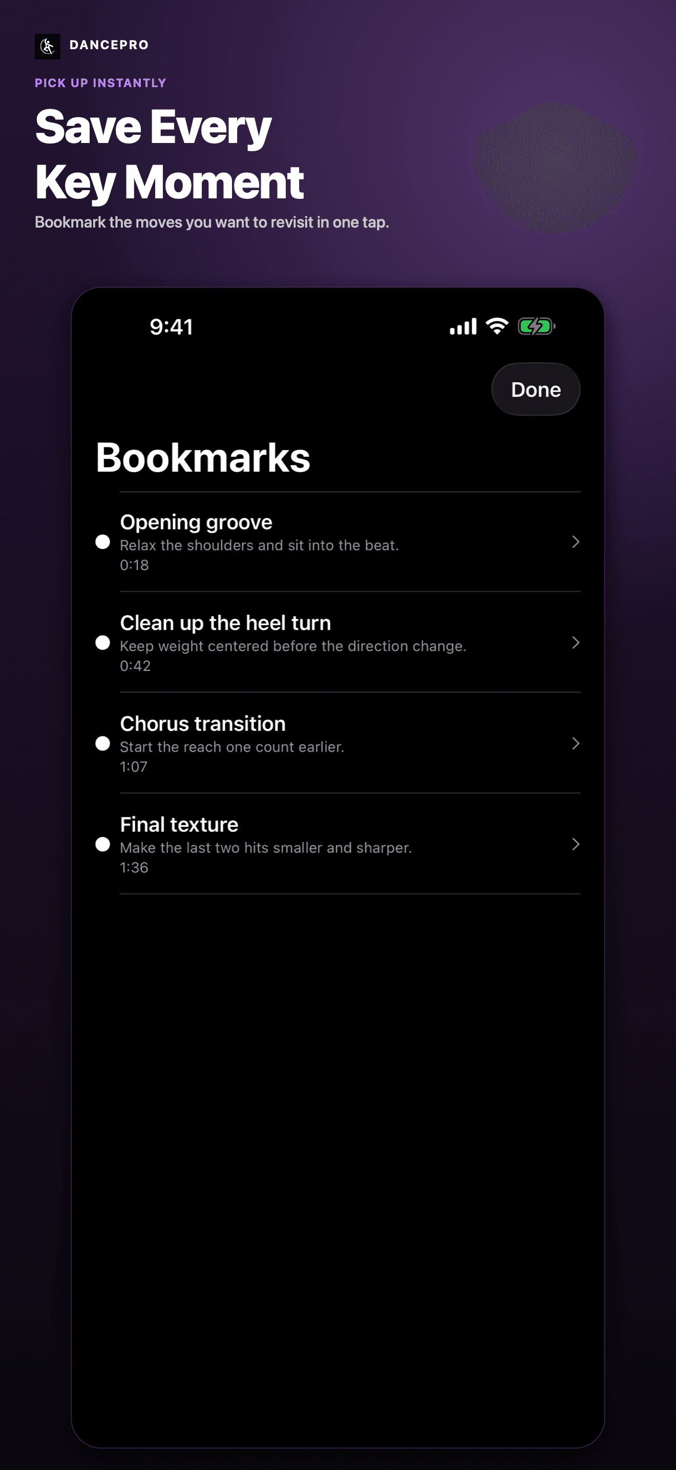 DancePro App Store screenshot: Save every key moment