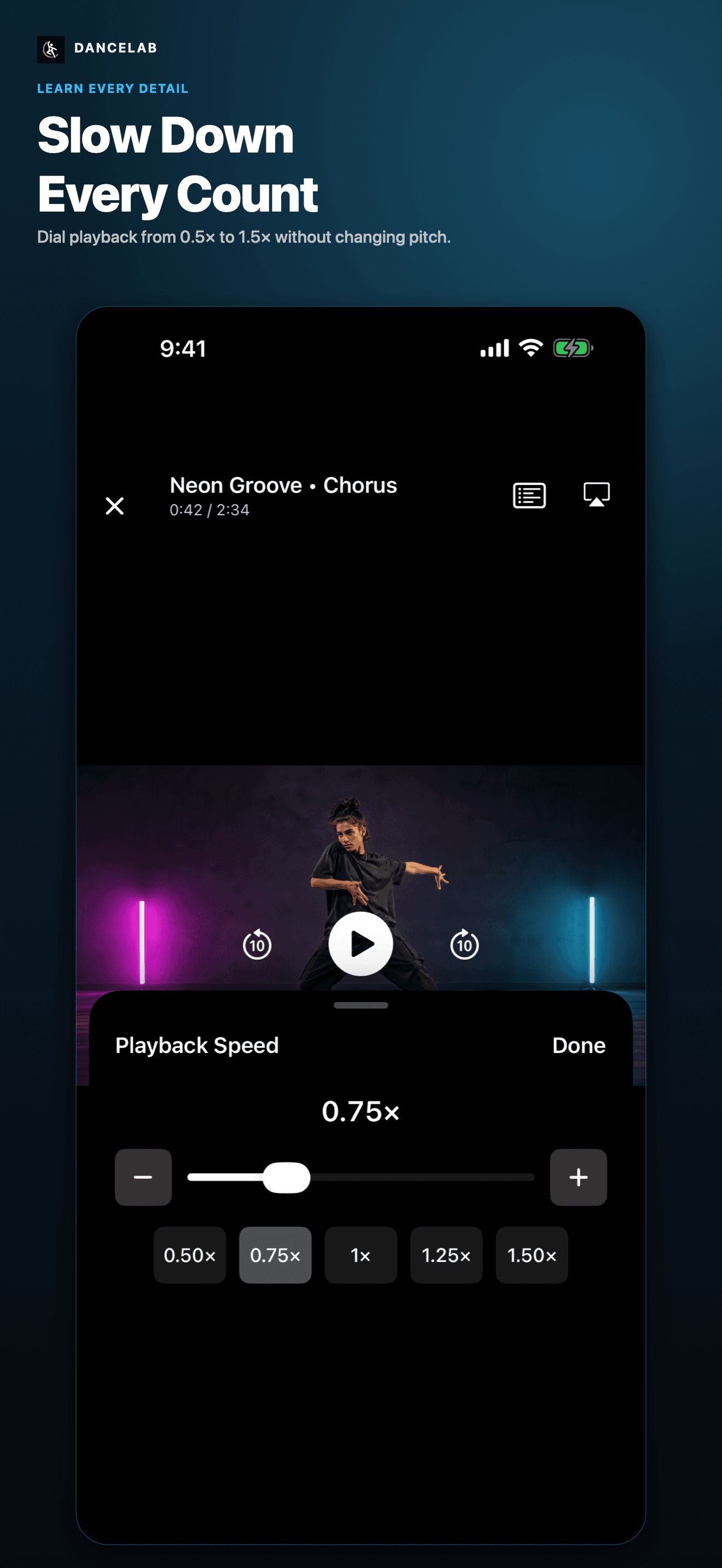 DanceLab App Store screenshot: Slow down every count