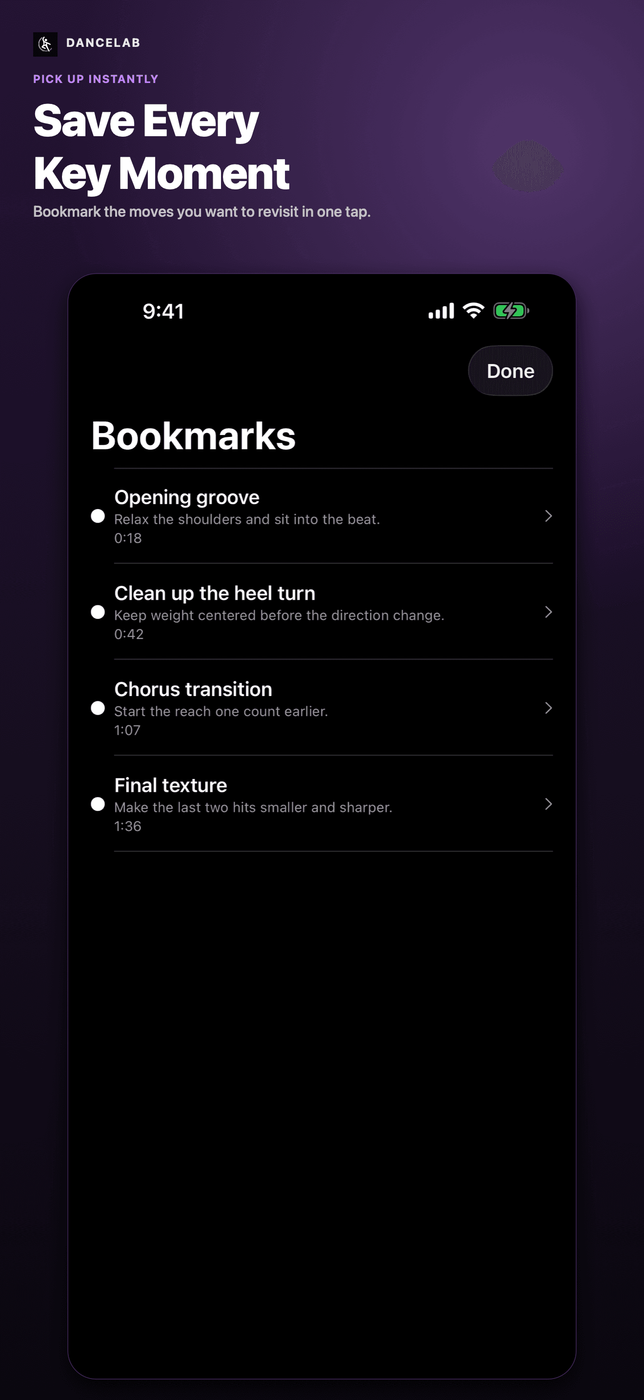 DanceLab App Store screenshot: Save every key moment